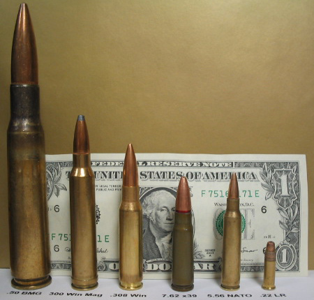 De izq. a der. : .50 BMG, 300 Win Mag, .308 Winchester, 7,62 x 39 mm, 5,56 x 45 OTAN, .22 LR.